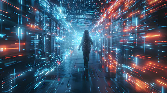 3D Digital Corridor: Woman Walks Through Neon Data Streams and Glowing Abstract Background