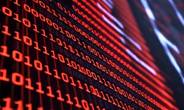 Abstract Digital Data Stream: Red and Blue Binary Code Flowing