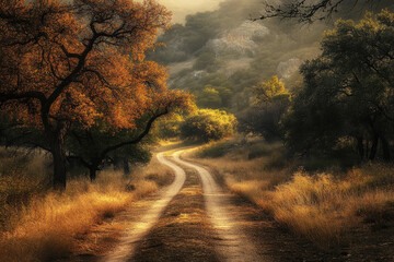 A serene countryside path glimmers in golden autumn light, flanked by trees with rich, warm foliage, leading into a misty, peaceful forested landscape.