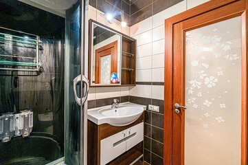 interior apartment room bathroom, sink, decorative elements, toilet. WC, sanitary unit, wash room