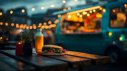 A Close-up of a Delicious Sandwich on a Wooden Table in a Street Food Market at Dusk with Bokeh Lights and a Food Truck in the Background.