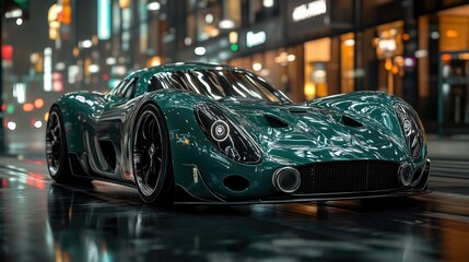 Obraz premium Sleek, dark-green sports car on a rain-slick city street at night.