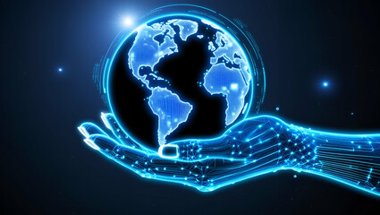 Fototapeta premium robot hand holding glowing Digital globe, A digital rendering of a blue, glowing Earth on robot hand 