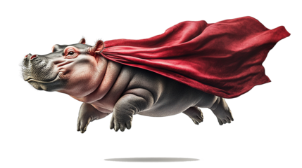baby hippo in a red cape soaring like Superman