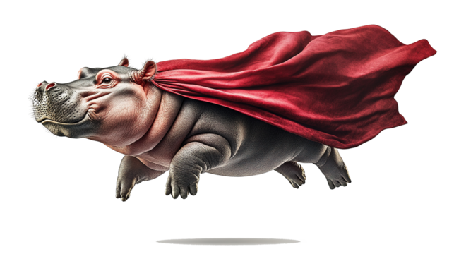 baby hippo in a red cape soaring like Superman