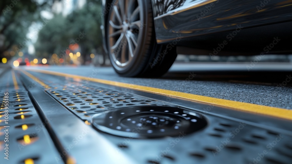 Poster the lower part of a car driving over a charging plate embedded in the road surface. the charging pla