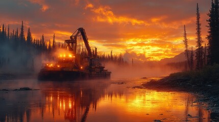 Obraz premium Logging barge at sunset on a misty river.