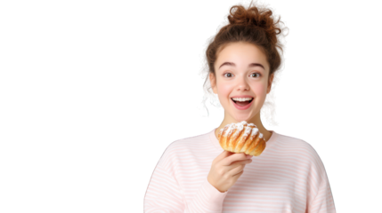 A young woman joyfully holding a pastry, expressing happiness. Transparent background.