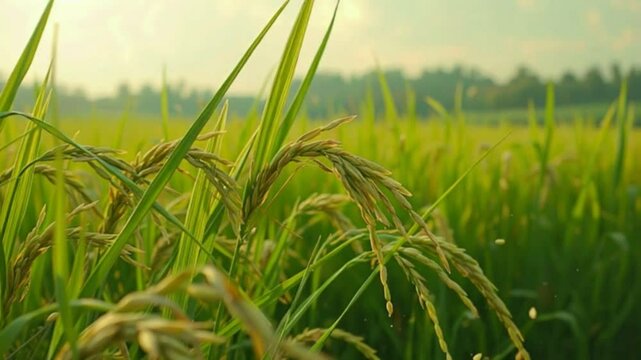 A slow-motion capture of rice being harvested, revealing the intricate and graceful process of gathering this essential crop.