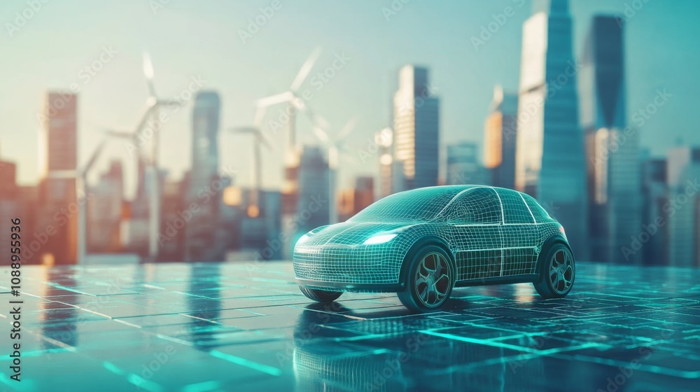 Poster a sleek electric car model is displayed on a digital grid, surrounded by a vibrant city skyline feat