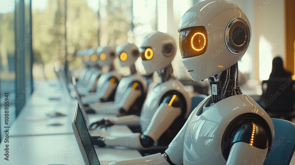 Poster humanoid robots with ai capabilities are working diligently at computers in modern office setting, s