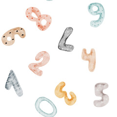 Watercolor Numbers seamless pattern. Cute baby ornament of colorful numbers. Clip art isolated on white background. For design of baby fabrics and invitations. Children's kawaii style