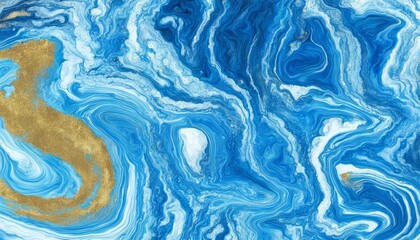 Fototapeta premium Abstract acrylic background in blue and gold with marble texture artwork, agate wavy pattern and gold powder specks. AI generated.