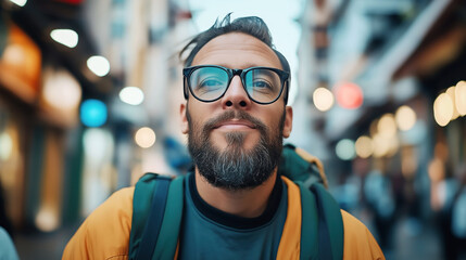 Obraz premium Portrait of a bearded man wearing glasses and a backpack in an urban street with blurred lights in the background.