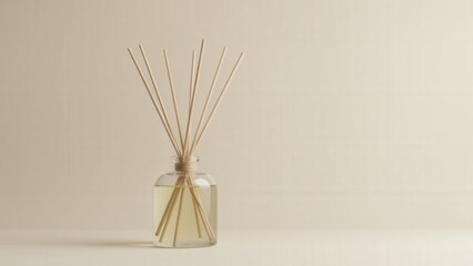 Fototapeta premium A sleek glass fragrance mockup showcasing a minimalist reed diffuser with natural wooden reeds.
