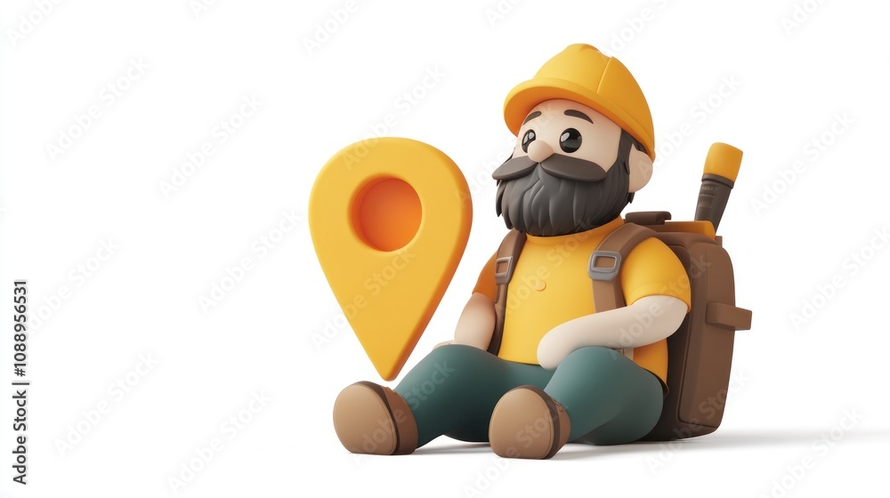 Poster a 3d cartoon character with a backpack and a yellow location pin, representing exploration.