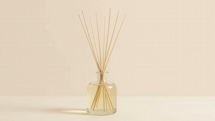 Fototapeta premium A photorealistic aromatherapy reed mockup with light-colored liquid in a minimalist bottle.