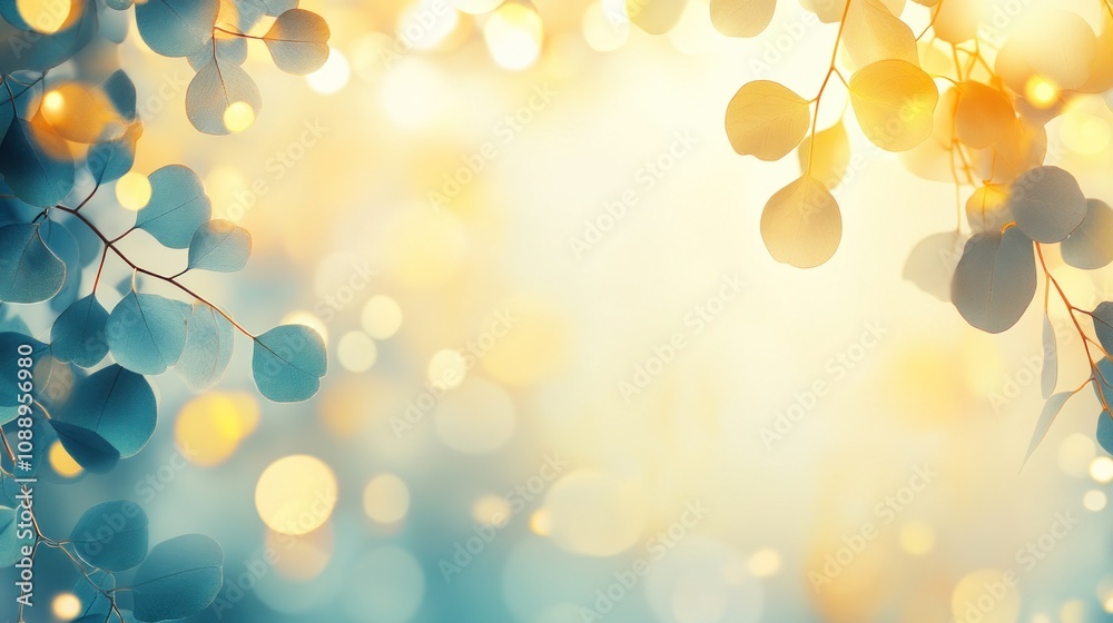 Poster a soft, dreamy background with blurred leaves and warm bokeh lights.
