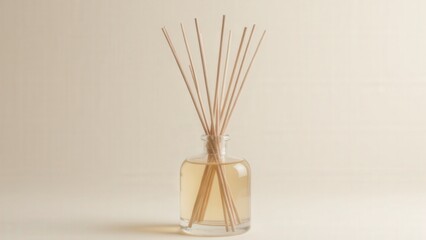 A refined light liquid aroma mockup highlighting a minimalist bottle with wooden reeds.