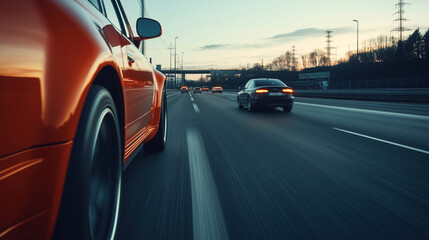 Motion blur image of a red car driving on a highway during sunset with other cars on the road