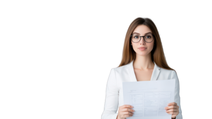 A woman in a suit holding a document, looking at the camera. Transparent background.