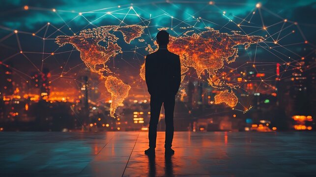 Businessperson Overlooking Global Trade Network with Connecting Industries Across Continents