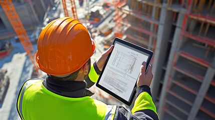 construction engineer holding ipad at construction site location, highly detailed, high resolution photography