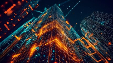 Glowing Futuristic Skyscraper Representing Interconnected Industries and Digital Data Flows