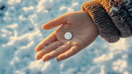 Woman holding pill winter outdoor, healthcare vitamins tablets to seasonal strengthen the immune system