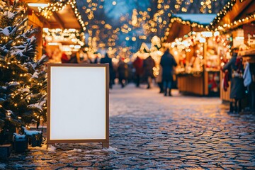 Blank sign illuminating christmas market at twilight, inviting festive cheer