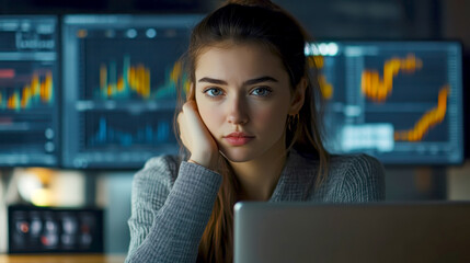 Young professional woman analyzing financial data on laptop