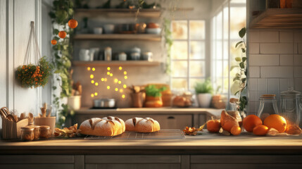 Photorealistic thanksgiving kitchen scene with bread and autumn decor