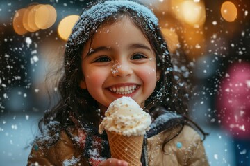 Naklejka premium Joyful Girl Enjoying Ice Cream in Snowy Weather