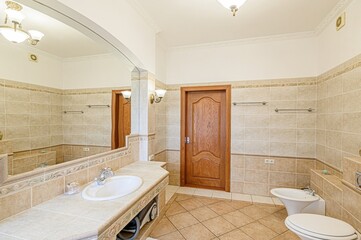 interior apartment room bathroom, sink, decorative elements, toilet. WC, sanitary unit, wash room