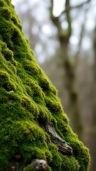 Lush green moss blankets a tree trunk in a temperate forest during a cloudy afternoon