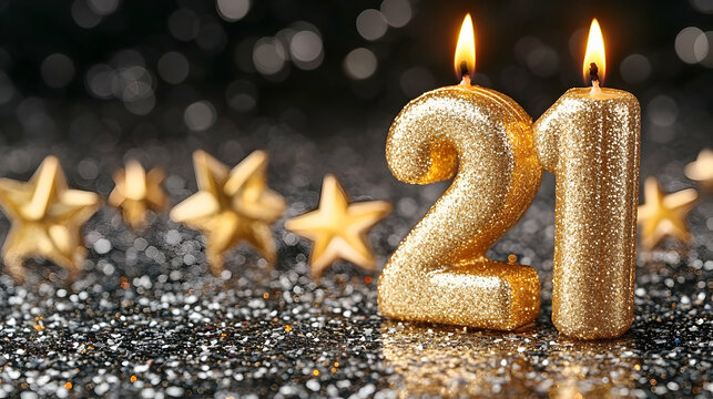 Glittering Gold Number Twenty-One Candles Illuminate Festive Black Glitter Background with Stars