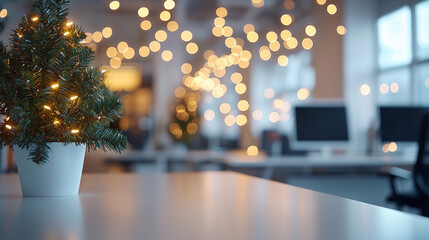 Christmas holiday at work with a small christmas tree, Festive decorated modern white office with blurred bokeh lights, AI generated