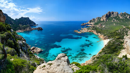 Fototapeta premium Coastal Panoramic View: Turquoise Bay, Rocky Cliffs, and Lush Mediterranean Vegetation