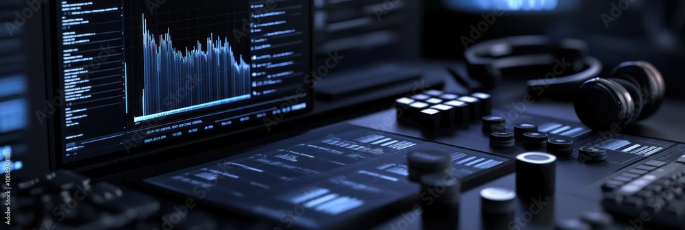 Fototapete A sleek control panel with screens displaying data and audio equipment for sound management.