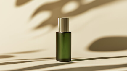 an editorial photo of small tinted green glass bottle with a sleek metal cap. The green hue not only gives a sense of warmth and natural beauty but also provides a vintage apothecary feel, perfect for