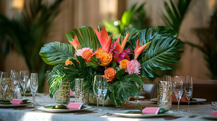 Tropical Floral Centerpiece for a Wedding Reception Decorated with Monstera Leaves, Orange Roses, and Pink Flowers