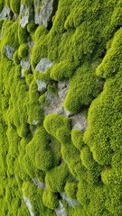 Lush green moss thrives on a stone wall, a vibrant testament to natures artistry