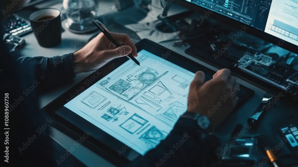 Poster A person sketches designs on a digital tablet at a desk with multiple screens and tools.