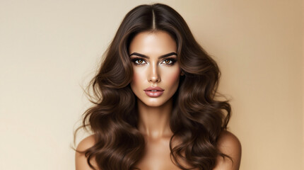 Naklejka premium Model with long wavy hair displays a stunning beauty look with a smooth and neutral background emphasizing her features