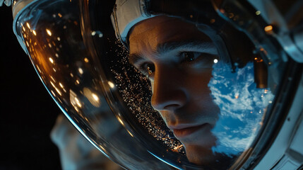 Close-up view of an astronaut looking out at Earth from space during a nighttime spacewalk