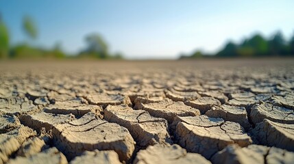 A dry, cracked earth surface under a clear sky, highlighting drought conditions and environmental impact.