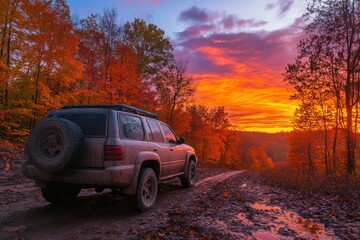 Sunset Over Autumn Forest with Off-Road Vehicle