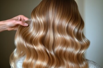 Fototapeta premium Stylist perfecting woman's hair with smooth waves for elegant look