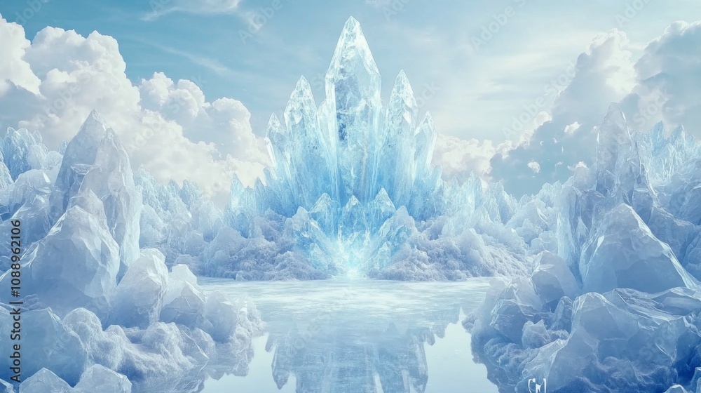 Poster a frozen landscape with a large crystal structure in the middle