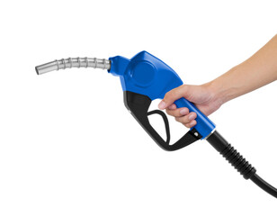 Hands holding Fuel blue nozzle, transparent background
